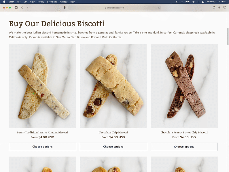 Sorelle Biscotti e-Commerce Website by doubleddesign.biz Home page with biscotti and packaging rollover effect